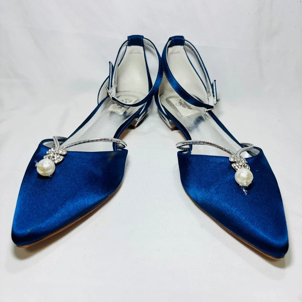 Dream Sugar Navy Blue Satin Pearl Crystal Pointed Toe Ankle Strap Flats EU 42